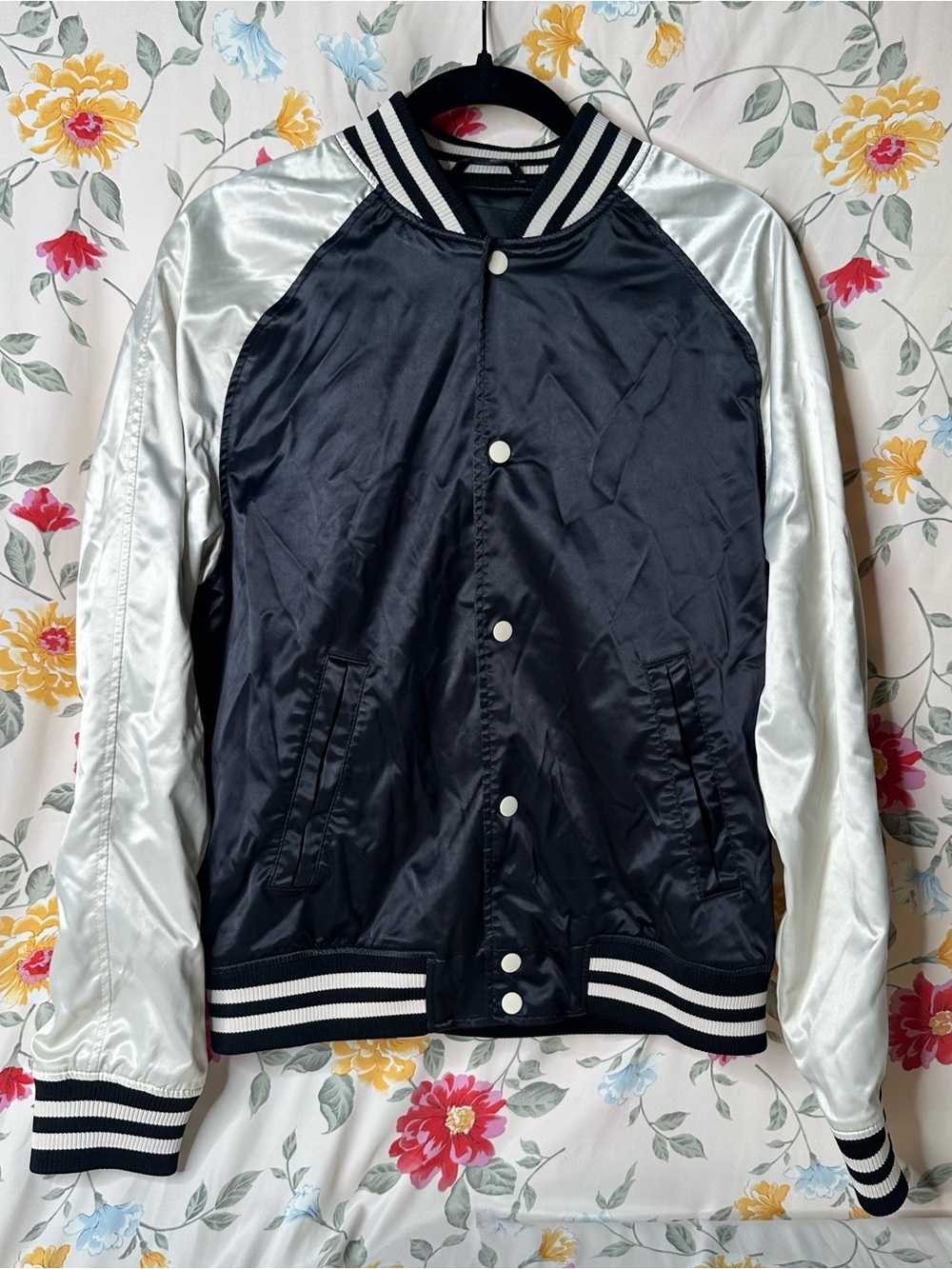 H&M | Black Satin Varsity Bomber Jacket with Silver Sleeves | Size M